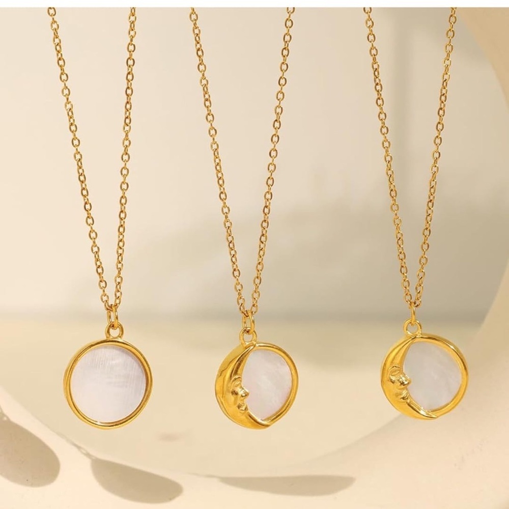 Waterproof Gold Moon and Mother-of-Pearl Pendant Necklace - White waterproof